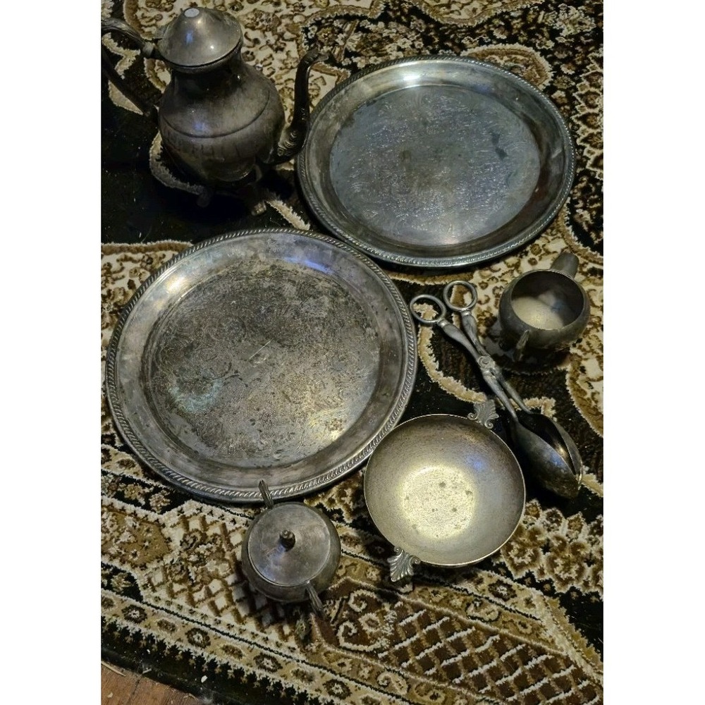 Vintage Rogers Bros 1847 Silverplate Tea‎ Set Trays Teapot Creamer Tongs